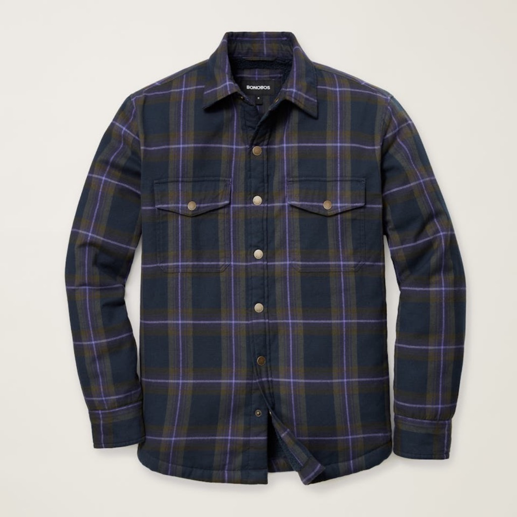 Bonobos Men’s Navy Plaid Teddy Fleece Lined Shacket, Sz Xl